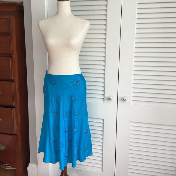 WD.NY Teal Blue 100% Silk Beaded Floral A-Line Skirt Size 12 - Picture 1 of 10